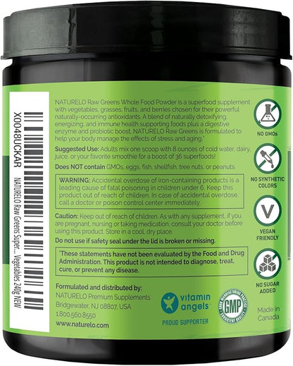 NATURELO Raw Greens Superfood Powder - Unsweetened - Boost Energy, Detox, Enhance Health - Organic Spirulina - Wheat Grass - Whole Food Nutrition from Fruits & Vegetables - 240 Grams