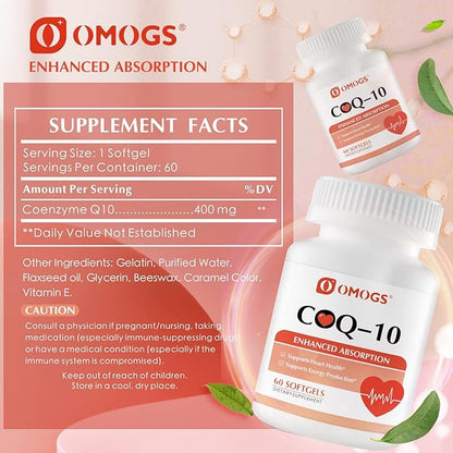 CoQ10 400mg Softgels, Coenzyme Q10 High Absorption Supplements Support Heart Health, Cardiovascular Health, Immune System & Cellular Energy Production, Gluten Free, 60 Softgels