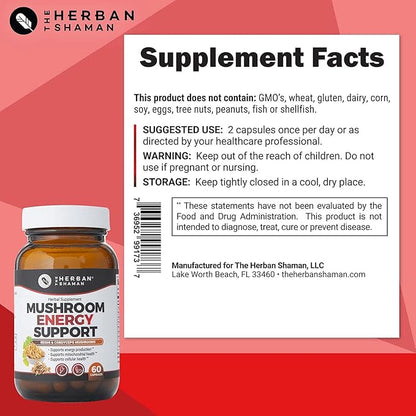Mushroom Supplement Energy Support | Organic Mushroom Herbal Capsules with Reishi, Ginkgo, Rhodiola, Maca, Chinese Ginseng, CoQ10 + More (60 Capsules)