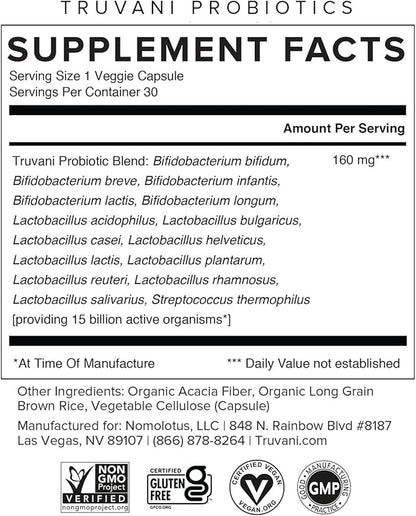 Truvani Probiotic Supplement | 30 Servings | 15 Billion CFU | 15 Diverse Strains for Digestive, Immune & Brain Health Support | Shelf-Stable Vegan Capsules | Non-GMO, No Fillers