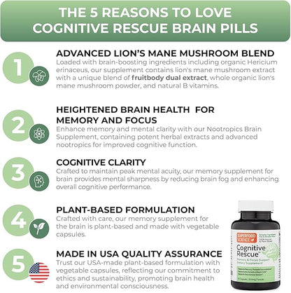 Cognitive Rescue, Lion's Mane Mushroom Capsules w/Lion's Mane Dual Extract, Nootropics, Brain Supplement for Memory and Focus, Mushroom Immune Support w/B Vitamins Complex, BioPerine, 60 Capsules