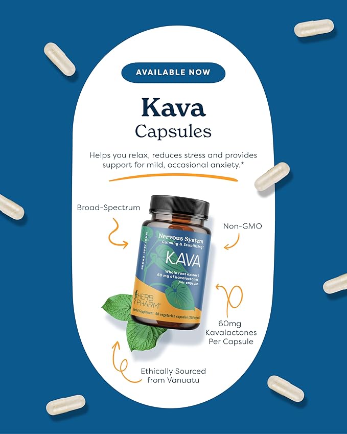 Herb Pharm Kava Root Extract to Reduce Stress and Promote Relaxation - 60 Vegetarian Capsules