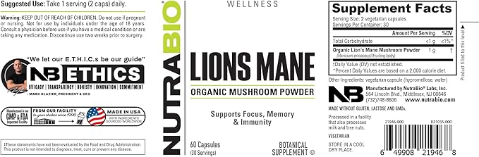 NutraBio Lions Mane Supplement Capsules- Organic Lion's Mane Mushroom Powder- Mushroom Supplement Capsules (500mg)- 60 Vegetable Capsules