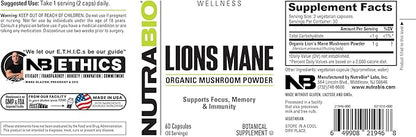 NutraBio Lions Mane Supplement Capsules- Organic Lion's Mane Mushroom Powder- Mushroom Supplement Capsules (500mg)- 60 Vegetable Capsules