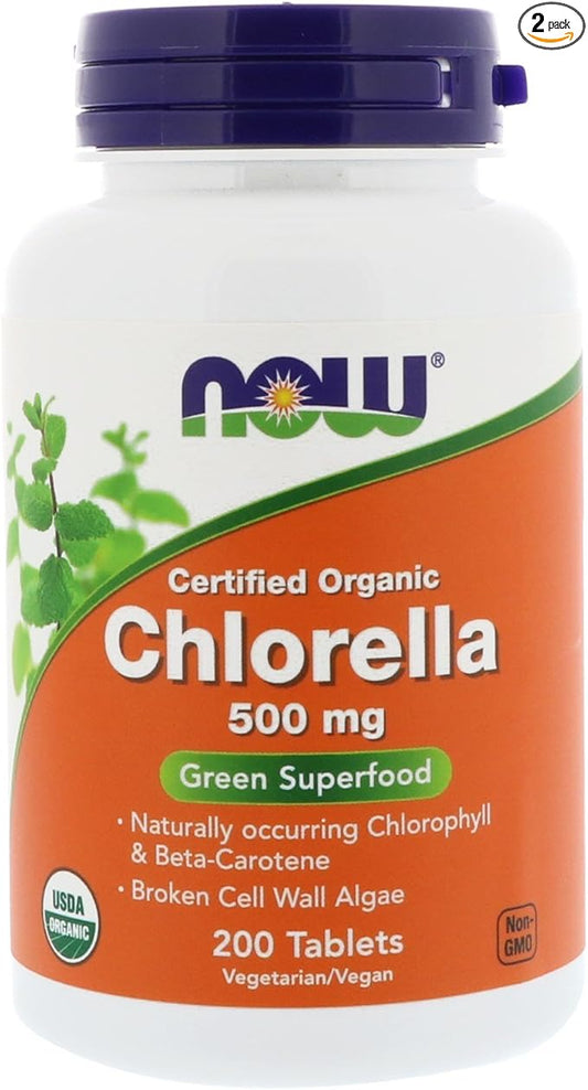 NOW Foods - Chlorella Green Superfood Certified Organic 500 mg. - 200 Tablets pack of 2.