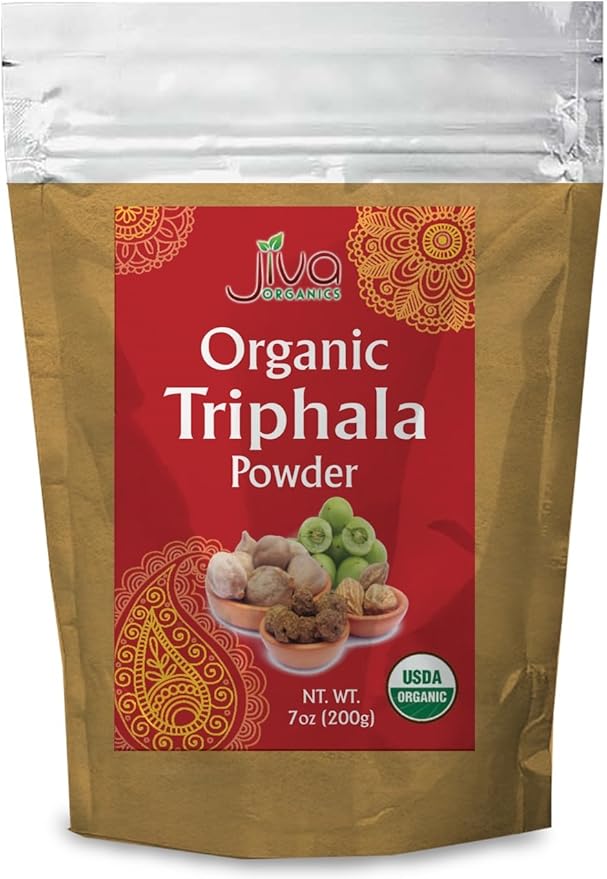 Jiva Organics Organic Triphala Powder 7 Ounce Bag - Ground Amla, Bhibitaki, and Haritaki Fruits Blended, 100% Natural & Non-GMO