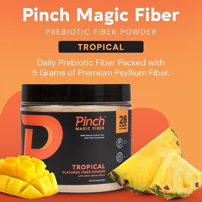 Pinch Magic Fiber Supplement Powder | Tropical Flavored Psyllium Husk Powder for Digestive Health & Gut Support | Sugar Free Supplement for Keto & Vegan Diets | USA-Made | 28-Day Supply