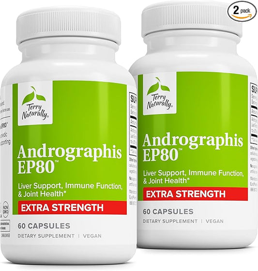 Terry Naturally Andrographis EP80 Extra Strength - Brain Health & Immune Support - Joint Health Support to Aid Mobility - Adaptogen Supplement for Energy & Liver Support - 60 Capsules (Pack of 2)