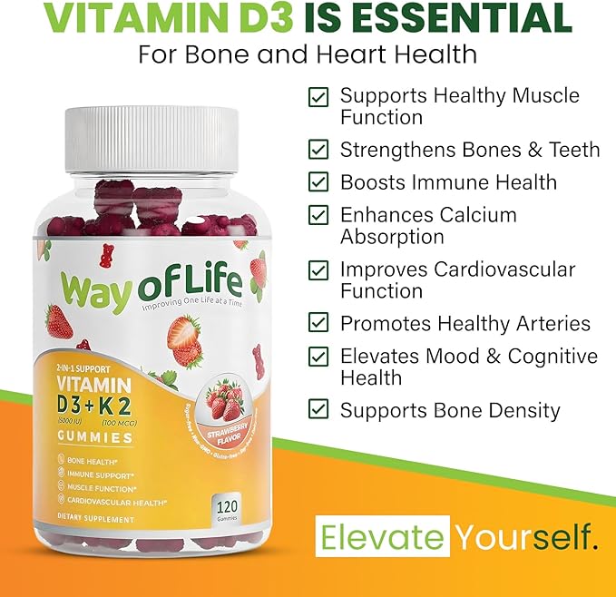 Vitamin D3 5000 IU (125 mcg) + K2 (MK-7) 100 mcg Sugar-Free Gummies, Strawberry - 120 count, Bone and Heart Health for Adults, Muscle Funtion, Pectin, Tasty, Chewy, Non-GMO, Gluten-Free, Gelatin-Free