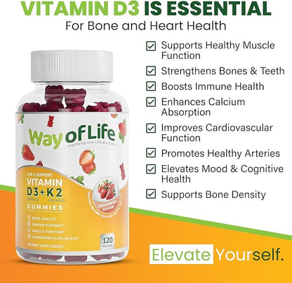 Vitamin D3 5000 IU (125 mcg) + K2 (MK-7) 100 mcg Sugar-Free Gummies, Strawberry - 120 count, Bone and Heart Health for Adults, Muscle Funtion, Pectin, Tasty, Chewy, Non-GMO, Gluten-Free, Gelatin-Free