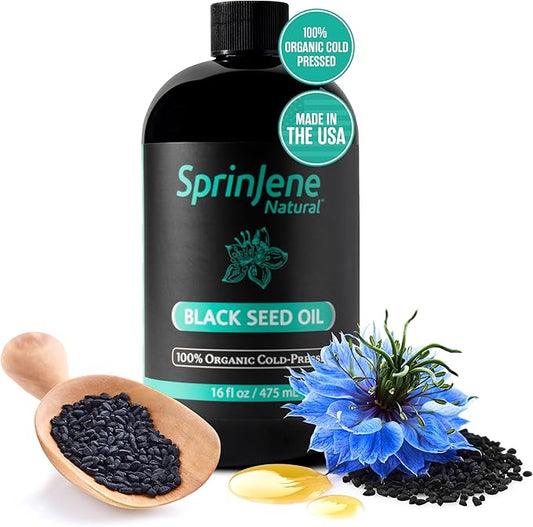 SprinJene Natural® 100% Pure Organic Black Seed Oil Cold Pressed for Oral Wellness, Nigella Sativa Black Seed Oil, Black Cumin Seed Oil Organic, Omega 3 6 9, Nourishes Skin, Supports Joint, 16 fl oz