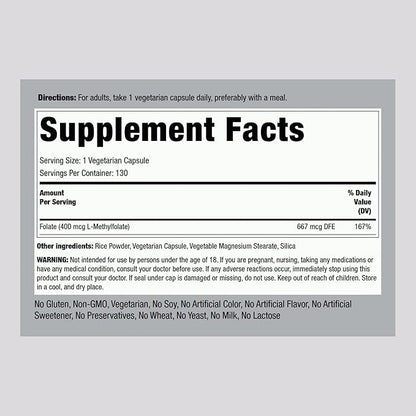 Piping Rock L MethylFolate Supplement | 400 mcg | 130 Capsules | Vegetarian, Vegan | Non-GMO, Gluten Free