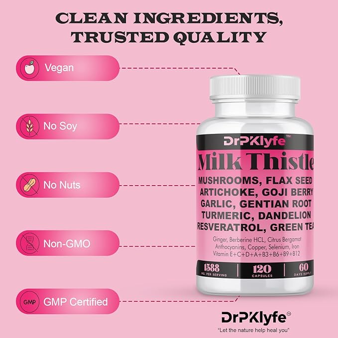 Milk Thistle Capsules for Liver Detox & Cleanse Support – with Dandelion Root, Resveratrol, Artichoke, Moringa, Silymarin – 120 Capsules (60-Day Supply)