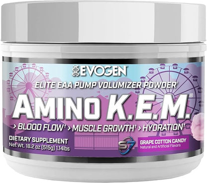 Evogen Amino K.E.M. - EAA & BCAA Powder Pump Volumizer | BCAAs Amino Acids Supplement for Blood Flow, Muscle Growth, & Hydration | Grape Cotton Candy | 30 Servings