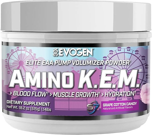 Evogen Amino K.E.M. - EAA & BCAA Powder Pump Volumizer | BCAAs Amino Acids Supplement for Blood Flow, Muscle Growth, & Hydration | Grape Cotton Candy | 30 Servings