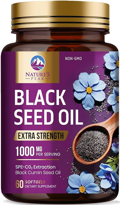 Black Seed Oil 1000mg - Premium Extra Strength Nigella Sativa Blackseed Oil - Black Cumin Seed Oil Skin, Digestive Health & Immune Support - Non-GMO Antioxidant, Gluten Free Supplement - 60 Softgels