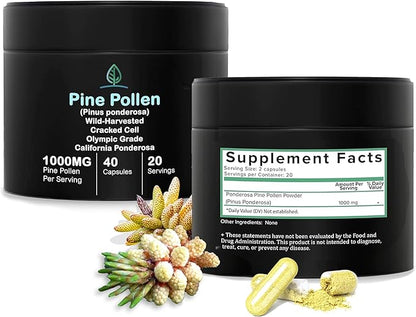 Holistic Bin Pine Pollen Capsules 500mg (Pinus Ponderosa) - Wild Harvested California Ponderosa Pine Pollen Powder - Olympic Grade - Organic, Non-GMO, No Fillers - 30 Day Supply (40 Capsules)
