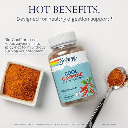 SOLARAY Cool Cayenne Pepper 40,000 HU, Cayenne Pepper Capsules, Digestion Aid, Bio-Cool Process, Lab Verified, 60-Day Money-Back Guarantee, 90 Servings, 180 VegCaps