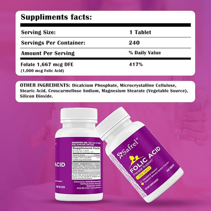 Safrel Folic Acid 1000 mcg (1 mg) - Vitamin B9-240 Tablets, Essential Prenatal and Postnatal Vitamin for Fetal Development, Red Blood Cell Production, Cell and Neural Development | Non-GMO, Vegan