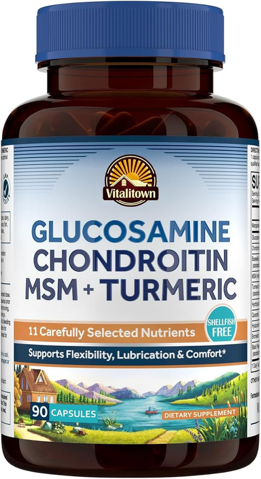 Vitalitown Glucosamine Chondroitin MSM, Turmeric, Collagen, Hyaluronic Acid, Boswellia, Quercetin, 11-in-1 Formula, Glucosamine Sulfate 1500 mg, No Shellfish, Flexibility & Comfort, 90 Caps