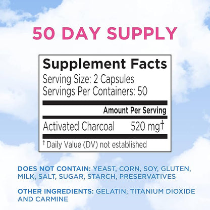 Fast Acting Gas Relief for Bloating & Flatulence, Drug Free Detoxifying Activated Charcoal Formula, 100 Capsules, 30 Day Supply, Pink