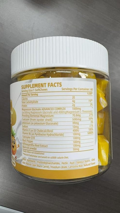 Magnesium Glycinate Soft Chews, Pineapple Flavor.Chewable Sugar Free Potassium Magnesium Chews with Magnesium Glycinate, Vitamin D, B6, and CoQ10 for Calm Support & Sleep for Adults, 60 Days Supply