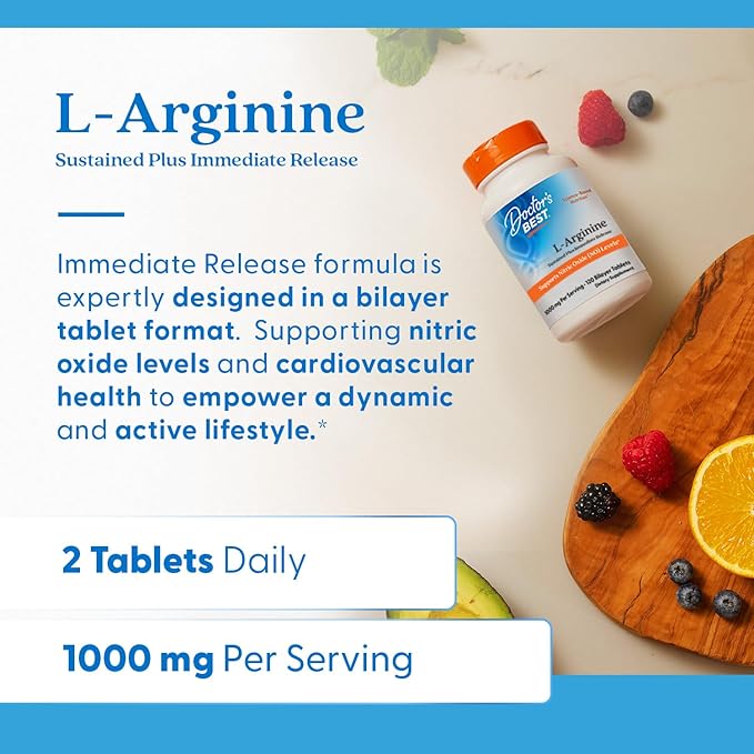 Doctor's Best Sustained Plus Immediate Release L-Arginine, Non-GMO, Vegan, Gluten & Soy Free, 500 mg, Tablet, 120 Count