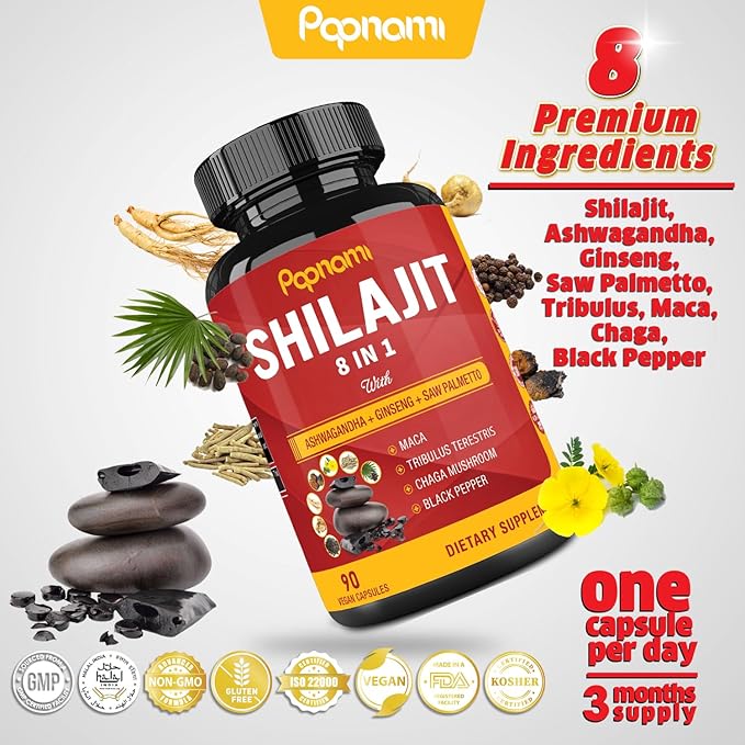 Shilajit Himalayan Capsules - 3 Month Supply - Combined Ashwagandha, Ginseng, Saw Palmetto, Maca, Tribulus, Chaga, Black Pepper