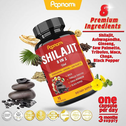 Shilajit Himalayan Capsules - 3 Month Supply - Combined Ashwagandha, Ginseng, Saw Palmetto, Maca, Tribulus, Chaga, Black Pepper