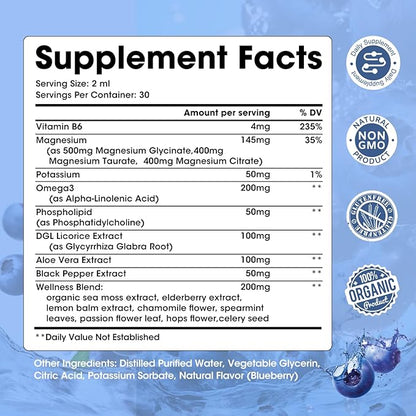 Magnesium Glycinate Liquid Drops with Taurate & Citrate, Magnesium Supplement for Sleep, Calm & Relaxation, with Potassium & Omega-3, High Absorption Formula, Blueberry Flavor, 2 Fl Oz