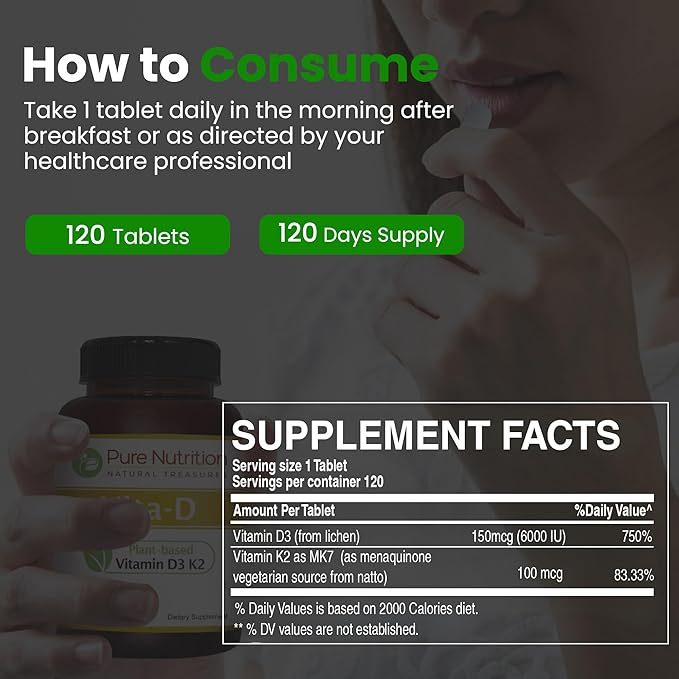 Pure Nutrition Vita D3 K2 - Plant Based Vitamin D3 K2 Supplement | 120 Tabs | Vitamin D3 6000 IU | Vitamin K2 as MK7 100mcg | Vitamin K2 D3 | Non GMO |
