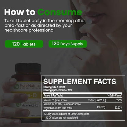 Pure Nutrition Vita D3 K2 - Plant Based Vitamin D3 K2 Supplement | 120 Tabs | Vitamin D3 6000 IU | Vitamin K2 as MK7 100mcg | Vitamin K2 D3 | Non GMO |