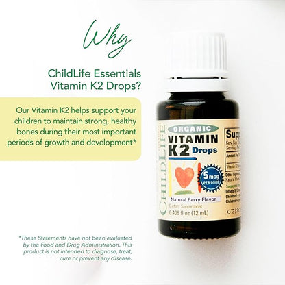 CHILDLIFE Essentials Organic Vitamin K2 Drops - Infant Toddler Baby Vitamin K, K2 Supplement, Vitamin K2 MK7, Liquid K2, Vitamin K Drops - Natural Berry Flavor, 0.25 Fl Oz (Pack of 1)