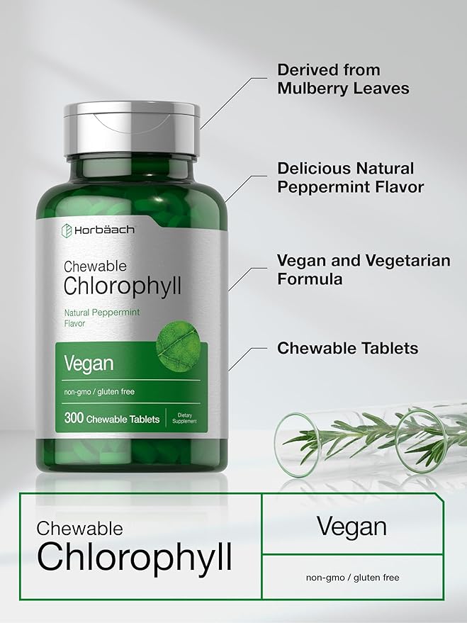 Horbäach Chlorophyll Pills | 300 Chewable Tablets | Natural Peppermint Flavor | Vegan, Non-GMO & Gluten Free Supplement