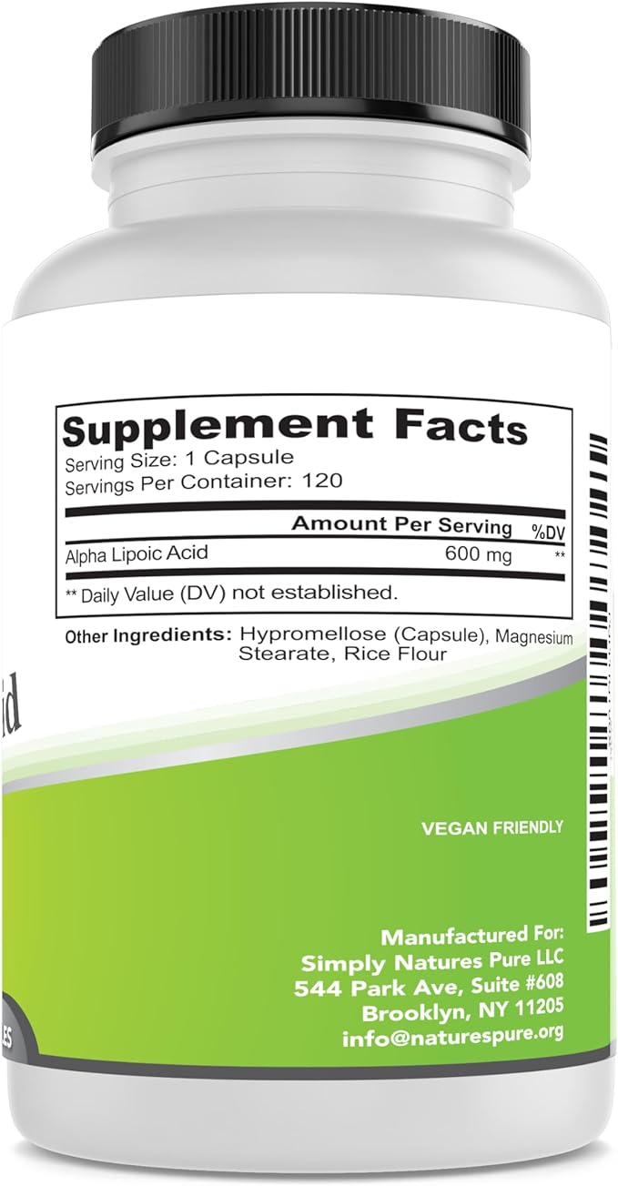 Simply Natures Pure Alpha Lipoic Acid 600mg 120 Veggie Capsules, Non-GMO Thioctic Acid 4 Month Supply