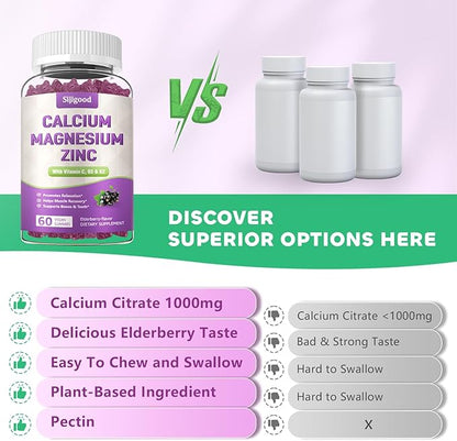 2 Pack Calcium Magnesium Zinc Gummies with Vitamin C D3 K2, Calcium Gummies for Bone, Muscle, Calm & Zzz Support, High Absorption Formula with Magnesium Zinc Potassium, Elderberry Flavored 120 Cts