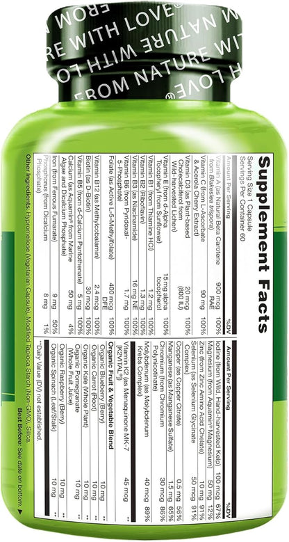 NATURELO One Daily Multivitamin for Women - Energy Support - Whole Food Supplement to Nourish Hair, Skin, Nails - Non-GMO - No Soy - Gluten Free - 60 Capsules - 2 Month Supply