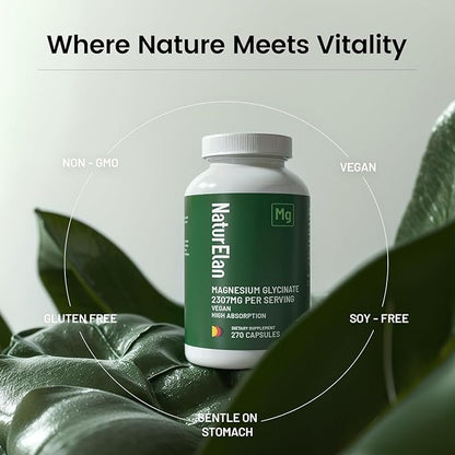 Magnesium Glycinate 300mg - 270 Capsules, 100% Chelated Magnesium, Third-Party Tested, Vegan, Non-GMO & Gluten Free, High Absorption Formula for Sleep, Muscles, Nerves & Energy Support