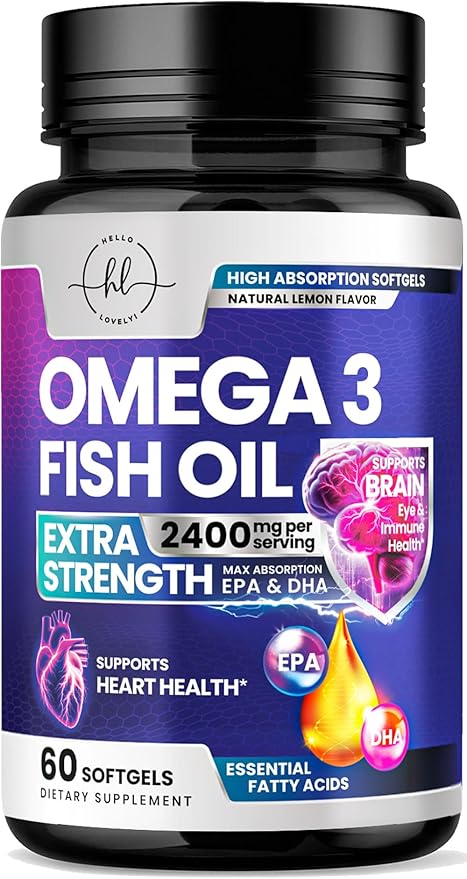 Omega 3 Fish Oil Triple Strength 2400 mg Rapid Release Softgels, Omega-3 Supplements, Natural Heart Health Brain & Joint Support - Fatty Acids with EPA & DHA - Fish Oil Supplement - 60 Softgels