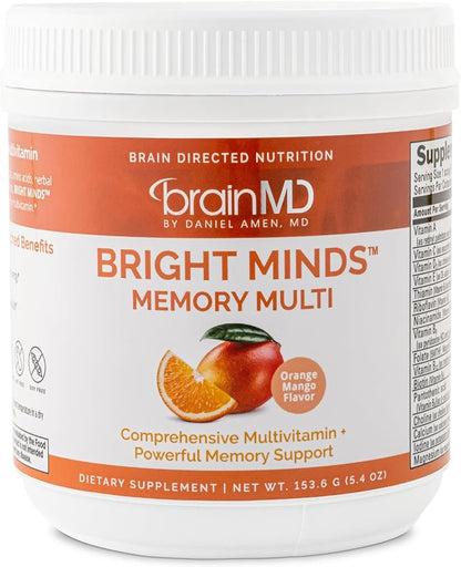 Dr Amen BrainMD Bright Minds Memory Multi, Orange Mango Flavor - 5.4 oz Powder - Multivitamin & Memory Support - Gluten Free, Sugar Free - 30 Servings