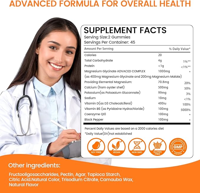 Magnesium Gummies 1000mg -Magnesium Glycinate Supplement and Magnesium L-Threonate Gummy,Sugar Free Magnesium Potassium Supplement for Calm Mood, Muscle, Bone & Sleep Support 90 Orange Gummies