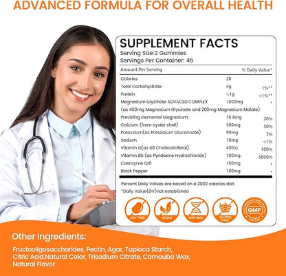 Magnesium Gummies 1000mg -Magnesium Glycinate Supplement and Magnesium L-Threonate Gummy,Sugar Free Magnesium Potassium Supplement for Calm Mood, Muscle, Bone & Sleep Support 90 Orange Gummies