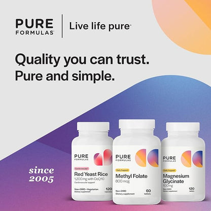PureFormulas Methylfolate 800 mcg, Active B-9 Folate for Cardiovascular & Nerve Health, 5-mthf, Methyl Folate Supplement, Methylated Vitamins, Methylfolate Supplement for Women & Men 60 Tablets