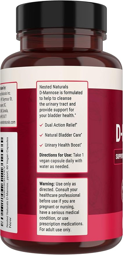 Nested Naturals D-Mannose 500mg Caspules with Cranberry Extract, D Mannose Cranberry Pills, Urinary & Bladder Support, 60 Vegan Capsules