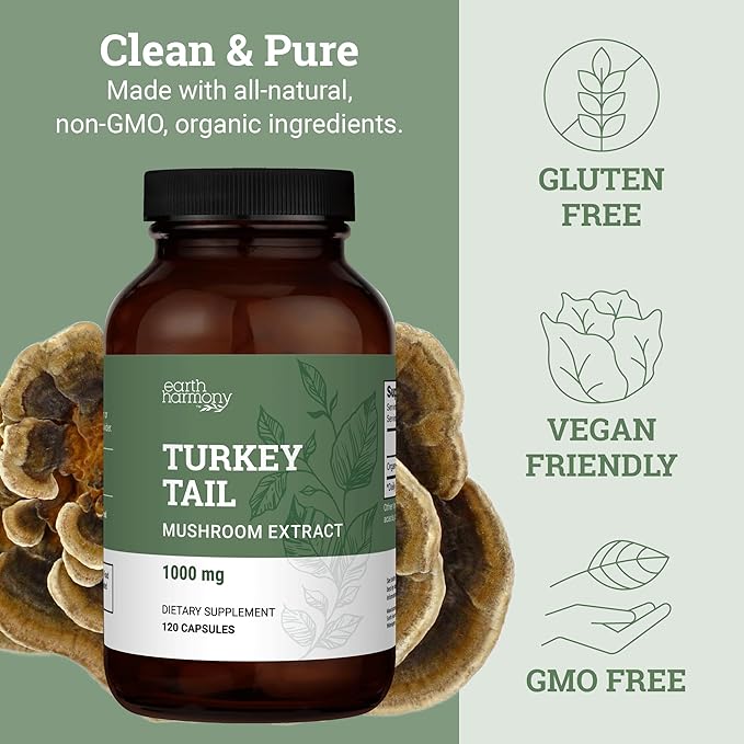 Earth Harmony Organic Turkey Tail Mushroom Capsules (1200mg Pure Extract) - Superfood Mushroom Supplement Helps Support Brain Health - Premium Powder Extract - 120 Capsules (2-Month Supply)
