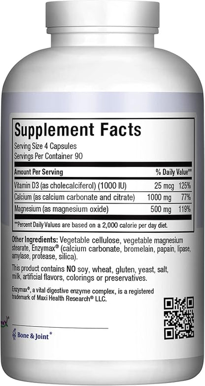 Maxi Health Calcium 1000 mg Supplement with Vitamin D3 (1000 IU) and Magnesium (500 mg) - Bone, Teeth and Joint Support for Men and Women - 360 Capsules - Maxi Cal
