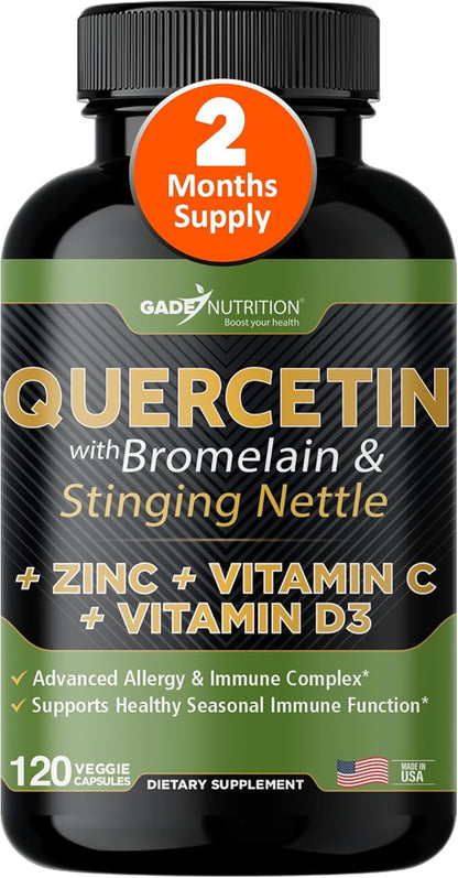 Quercetin with Vitamin C and Zinc - Nettle Quercetin - Quercetin 500mg - Quercetin with Bromelain - Zinc Quercetin + Vitamin D3 - 120 Veggie Caps - (Non-GMO, Gluten-Free, Vegan) - 2 Month Supply
