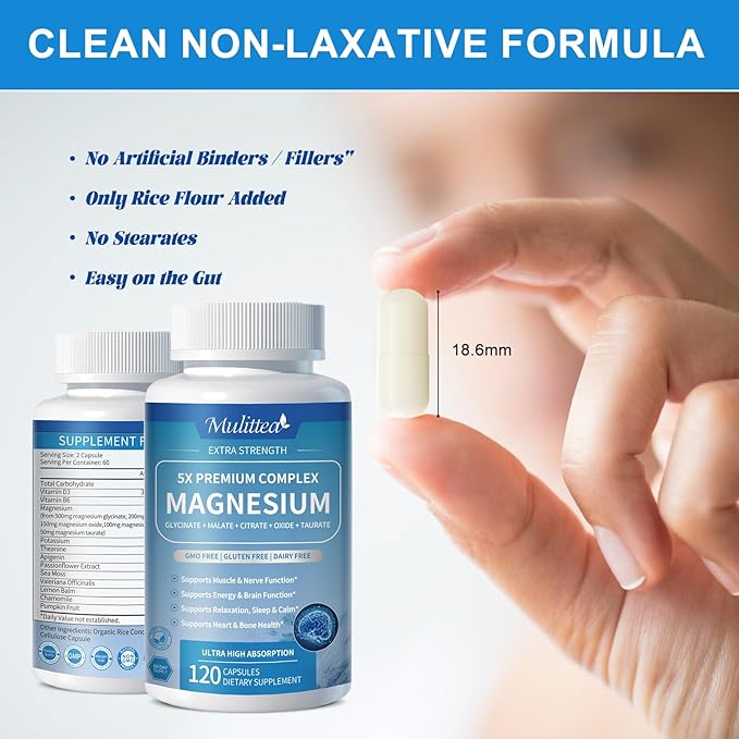 Magnesium Complex Chelated Magnesium Glycinate w/Malate, Taurate& Herbal Extracts for Support Sleep, Muscle,Cortisol & Heart Health, Gluten Free, Vegan, Non GMO, High Absorption,120 Capsules