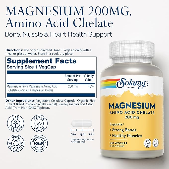 Solaray Magnesium Amino Acid Chelate 200 mg, Chelated Magnesium Supplement for Bone Health, Heart Health and Muscle Function Support, Vegan, 60-Day Money Back Guarantee, 100 Servings, 100 VegCaps