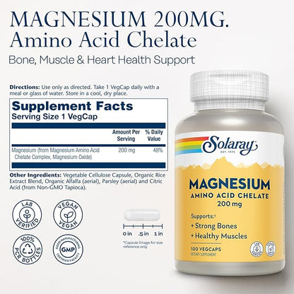 Solaray Magnesium Amino Acid Chelate 200 mg, Chelated Magnesium Supplement for Bone Health, Heart Health and Muscle Function Support, Vegan, 60-Day Money Back Guarantee, 100 Servings, 100 VegCaps